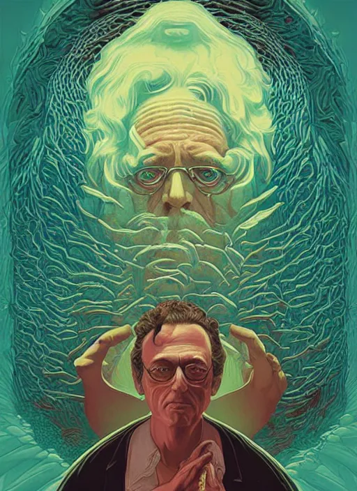 Prompt: poster artwork by Michael Whelan and Tomer Hanuka, Karol Bak of Terence McKenna, from scene from Twin Peaks, clean