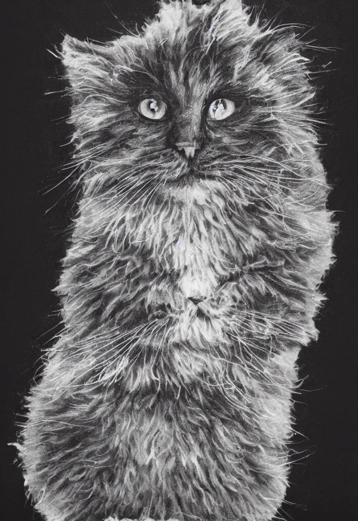 Image similar to fluffy cat with afro comb t - shirt design, by jules julien, dark grisaille monochrome neon spraypaint, ironic surrealism, hypebeast