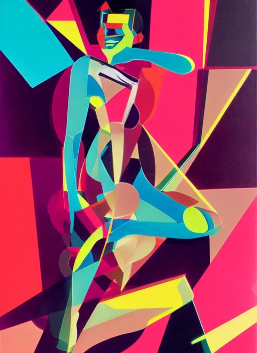 Prompt: futuristic laser girl pinup, by steven meisel, james jean and rolf armstrong, geometric cubist acrylic and airbrush painting with retro and neon colors