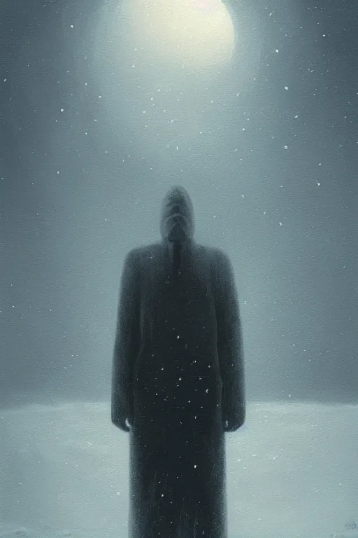 Image similar to a painting of a person standing in the snow, a surrealist painting by zdzisław beksinski and by alena aenami, deviantart, nuclear art, dystopian art, apocalypse landscape, surrealist