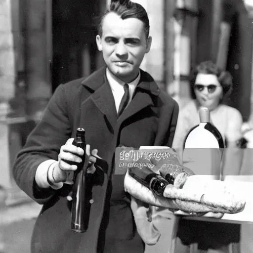 Image similar to a frenchman with a baguette and a bottle of wine in 1 9 5 0