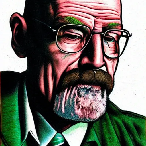 Image similar to The Artwork of R. Crumb and his Cheap Suit Breaking-Bad-Walter-White, pencil and colored marker artwork, trailer-trash lifestyle
