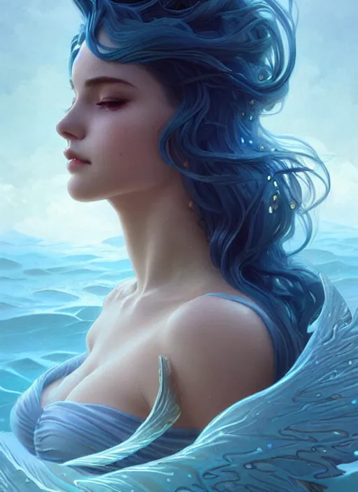 Prompt: a beautiful cinematic sexy female sea goddes, water wings , fantasy sea landscape, fantasy magic, undercut hairstyle, short aqua blue black fade hair, dark light night, intricate, elegant, sharp focus, illustration, highly detailed, digital painting, concept art, matte, art by WLOP and Artgerm and Greg Rutkowski and Alphonse Mucha, masterpiece