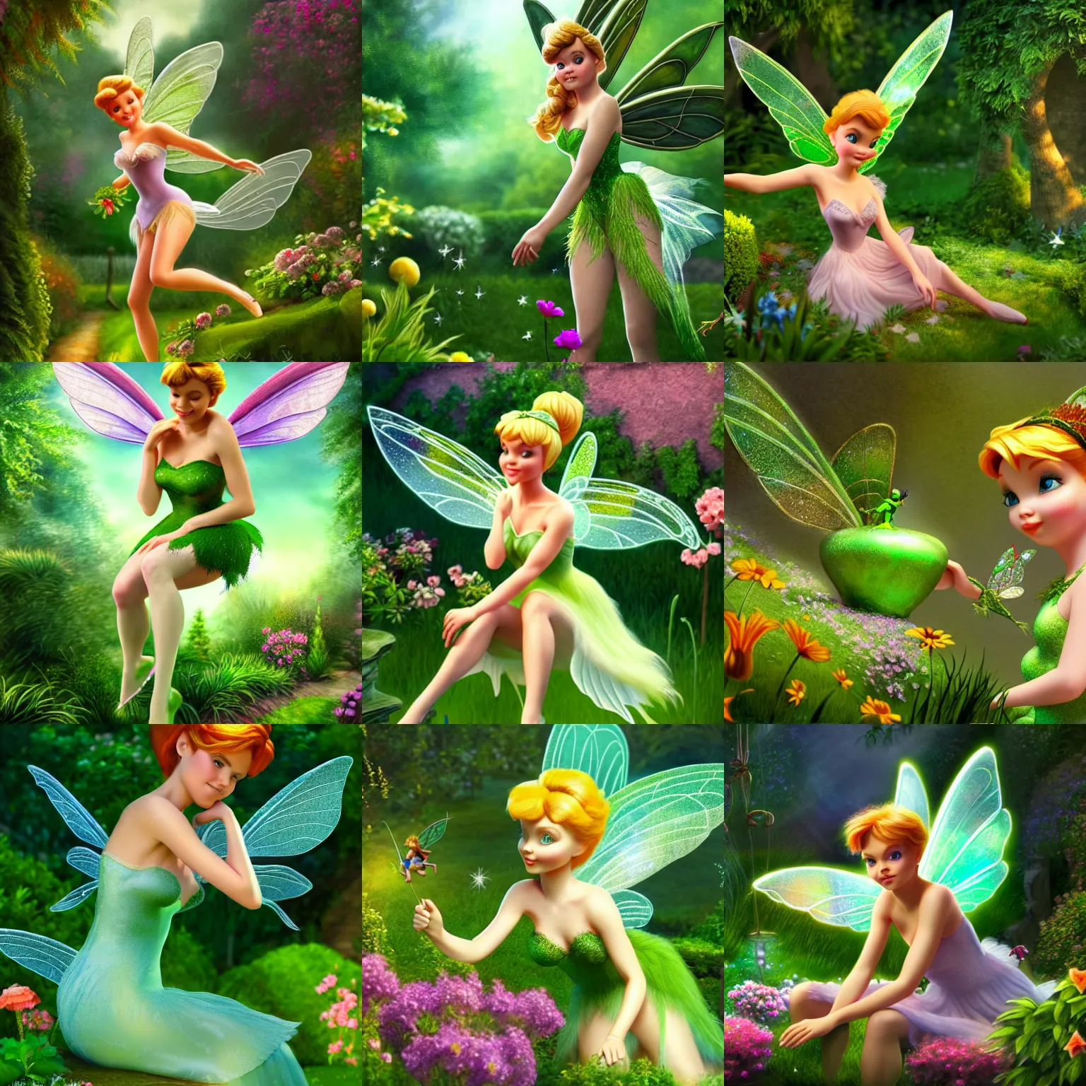 Prompt: a highly detailed and realistic illustration of the tinker bell fairy on a garden, artstation, 4 k, correctly anatomy, good light