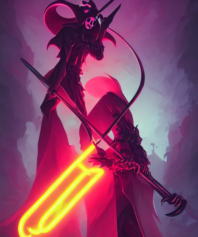 Image similar to a portrait of a neon grimm reaper holding a single scythe, fantasy, elegant, digital painting, artstation, concept art, matte, sharp focus, illustration, art by josan gonzalez