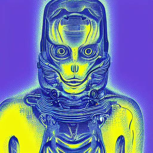 Image similar to human man that resembles a wasp morh in surreal sketch style, blue and yellow gradient, noise, ultrafine detail, hd 8k, logo illustration