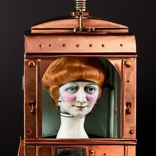 Image similar to full - color photo of a victorian female automaton which is a schoolteacher that writes poems on a chalkboard. it has a beautiful woman's face, and it is made of copper and porcelain and fabric, with complex intricate wind - up clockwork mechanisms. it is on display in a history - museum with studio - lighting, and is coin - operated.