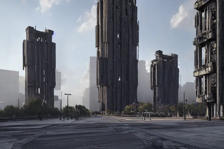 Image similar to streetscape, a towering cathedral of brutalist architecture, buildings covered with greebles, stunning volumetric light, sunset, metal, concrete and translucent material, stunning skies, majestic landscape, trending on Artstation, 8k, photorealistic, hyper detailed, unreal engine 5, IMAX quality, cinematic, epic lighting, in the style of Greg Rutkowski