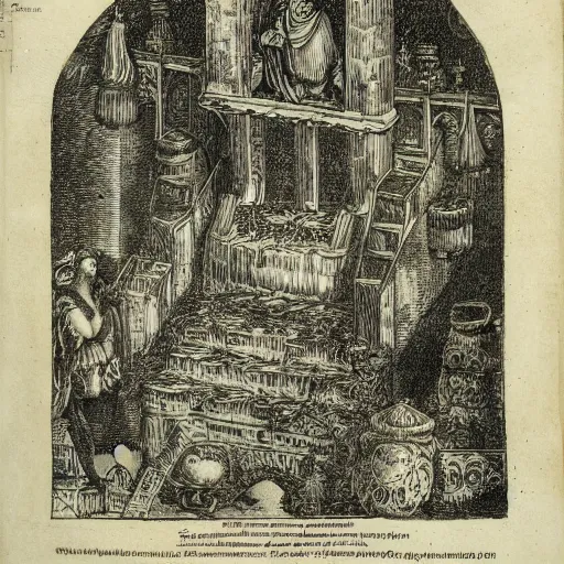 Prompt: a overhead view of a man in castle in the jungle getting praised and fanned by angels with fruits, etching, detailed, golden furniture, nuremberg chronicle,