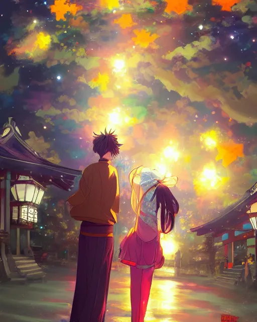 Prompt: beautiful anime painting of a boy and a girl from behind at a shinto shrine looking up at the night sky illuminated by colorful new years fireworks, by WLOP and Slawek Fedorczuk and rossdraws, trending on artstation, concept art