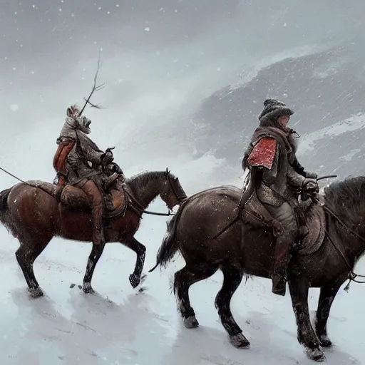 Prompt: Two northerners on horseback seen from afar riding in the snow, snowy landscape, snow storm, fantasy, highly detailed, digital painting, artstation, concept art, illustration, art by Greg Rutkowski and Marc Simonetti