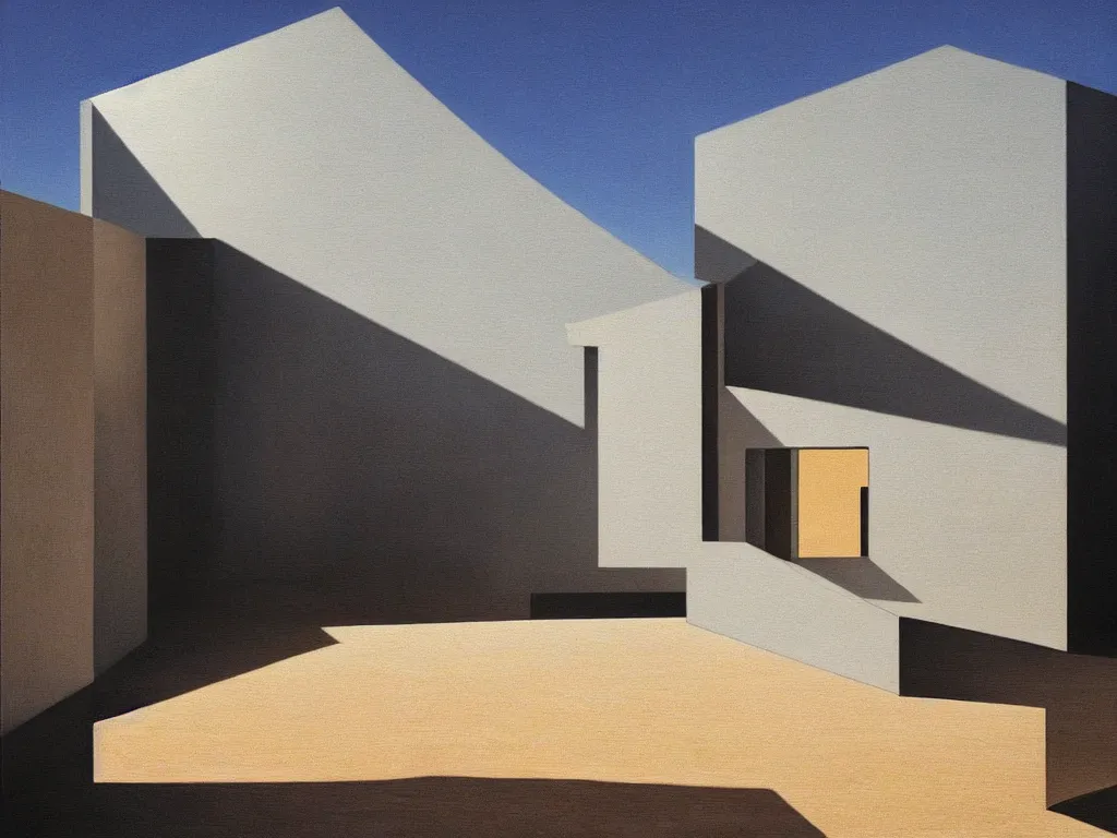 Prompt: painting of a house in the desert designed by tadao ando, amazing lighting, oil painting, highly detailed