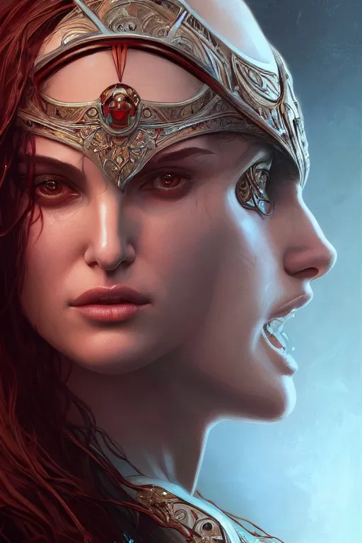 Image similar to symmetry!! portrait of natalie portman in the style of god of war, machine parts embedded into face, intricate, elegant, highly detailed, digital painting, artstation, concept art, smooth, sharp focus, illustration, art by artgerm and greg rutkowski and alphonse mucha, 8 k