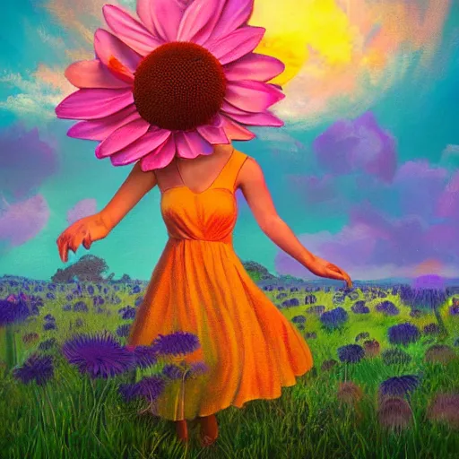 Prompt: giant daisy flower as head, girl dancing in a flower field, surreal photography, sunrise, dramatic light, impressionist painting, colorful clouds, digital painting, artstation, simon stalenhag