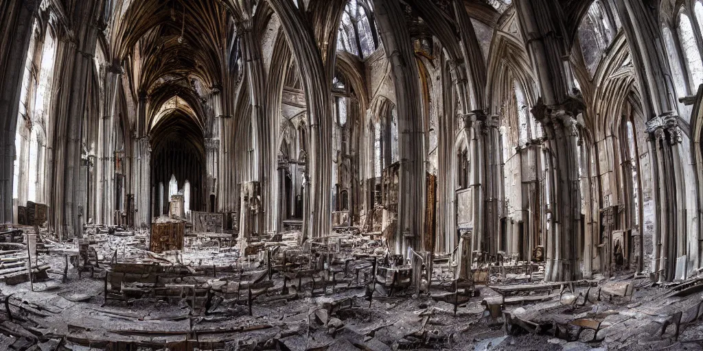 Image similar to a wide angle shot of the interior of an old and decaying cathedral, award-winning photo, 8k, extremely detailed and sharp, cinematic lighting