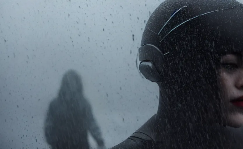 Image similar to cinestill 5 0 d candid photographic portrait by christopher nolan of two loving female androids sobbing wearing rugged black mesh techwear in treacherous waters, extreme closeup, modern cyberpunk moody emotional cinematic, pouring rain menacing lights shadows, 8 k, hd, high resolution, 3 5 mm, f / 3 2, ultra realistic faces, ex machina