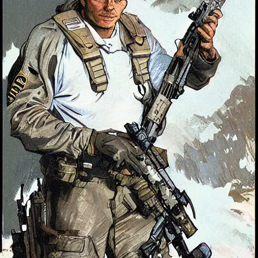 Prompt: Hector. USN special forces recon operator on patrol Australian neutral zone. 2087. Concept art by James Gurney and Alphonso Mucha