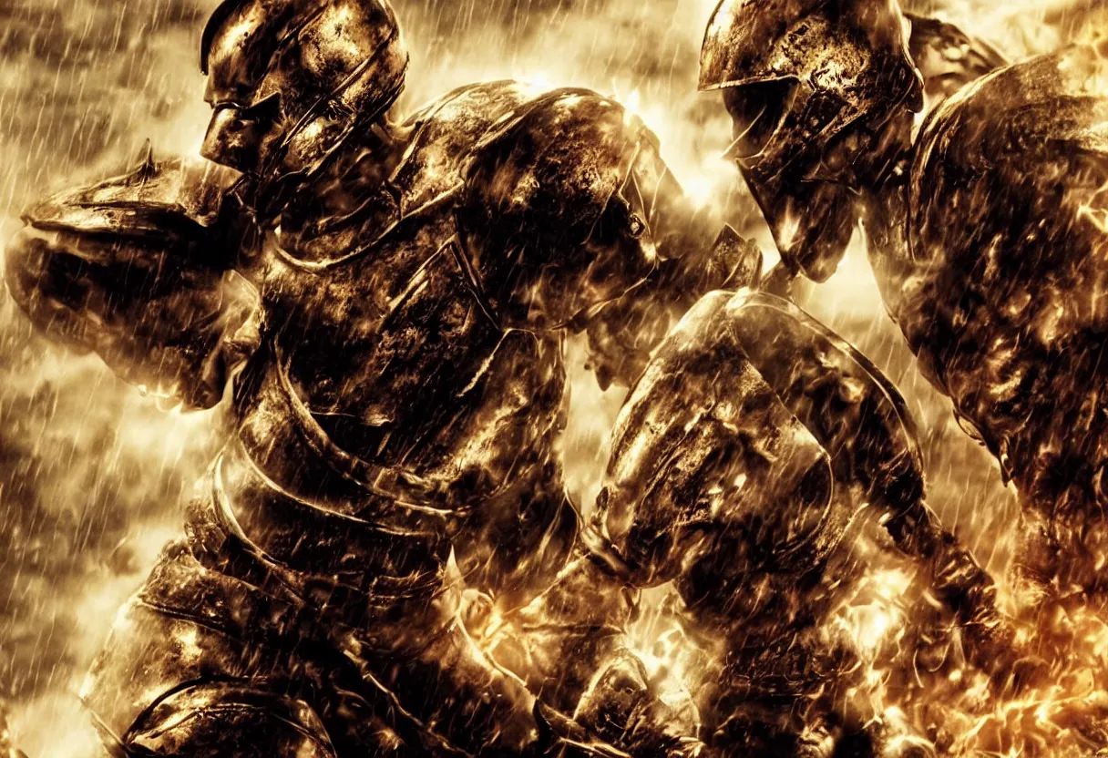 Image similar to leonidas 3 0 0 spartan zack snyder gold copper helmet battle scarred artwork battle epic proportions background dark skies raining fire