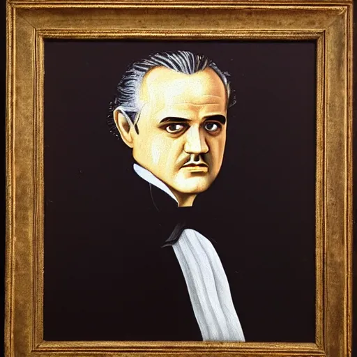 Image similar to a renaissance style portrait painting of Vito Corleone