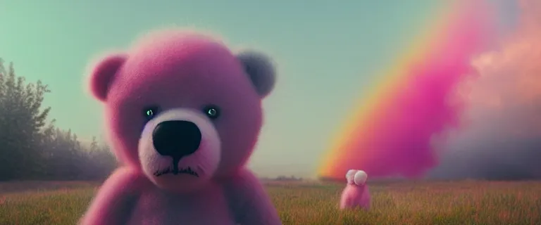 Image similar to a fuzzy teddy bear painted by Mike Winkelmann, fluffy clouds, pink girl, cotton candy, dreamy soft, rainbow