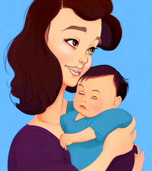 Image similar to a mother with short shoulder length dark auburn hair, short and curvy and a slightly chubby face holding her infant son with short brown hair full color digital illustration in the style of don bluth, artgerm, artstation trending, 4 k