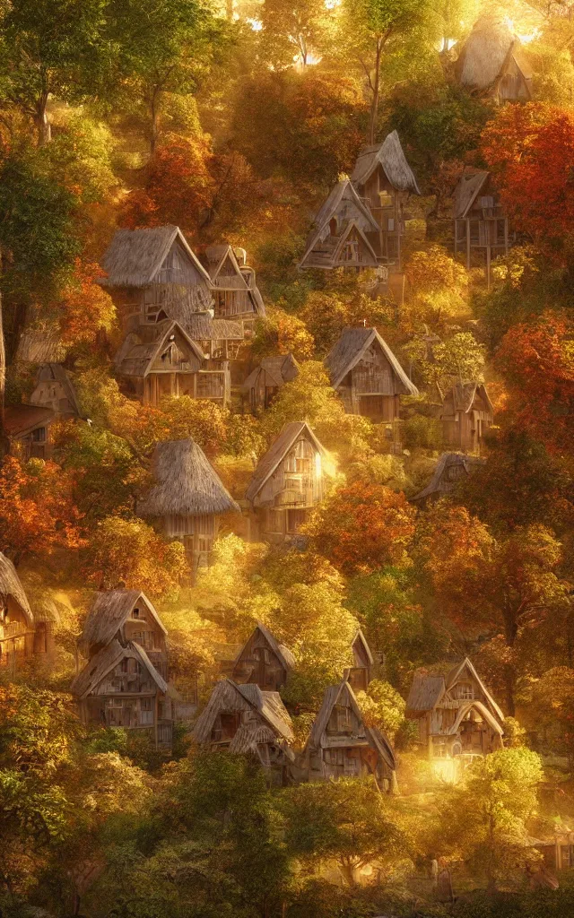 Image similar to a village full of tree houses with wooden ladders and thatched roofs, nestled in a forest, golden hour, autumn leaves, realistic high quality art digital art trending on artstation