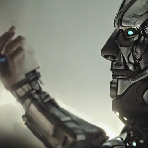 Image similar to movie still of a villain cyborg, facial expression, cinematic composition, cinematic light, by edgar allan poe