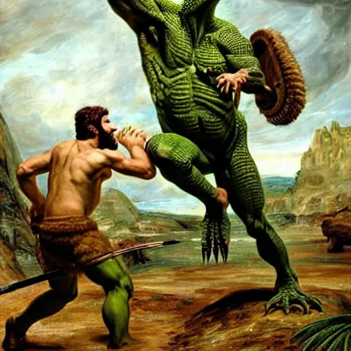 Prompt: A green scaly dinosaur!!! fighting with several realistic detailed cavemen with proportioned bodies, the cavemen are armed with spears, the caveman are in a fighting stance, the cavemen are wearing animal furs, coarse canvas, visible brushstrokes, intricate, extremely detailed painting by John Constable