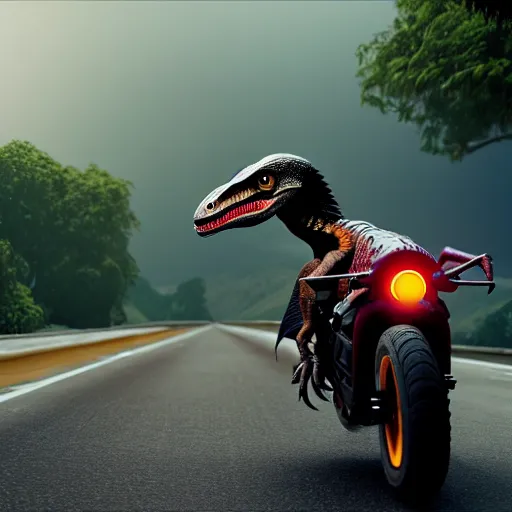 Image similar to a velociraptor riding a motorbike, photorealistic 3 d octane render, unreal engine, make it look like it was made by dall - e 2