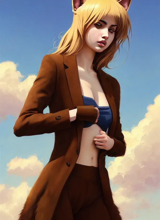 Image similar to ultradetailed beautiful panting of a stylish young lady ( ( ana de armas ) ) wearing a brown foxgirl suit with cat ears, dramatic, furry, she has blond hair, distressed, volumetric light, by greg rutkowski, ilya kuvshinov, james jean, makoto shinkai, on artstation