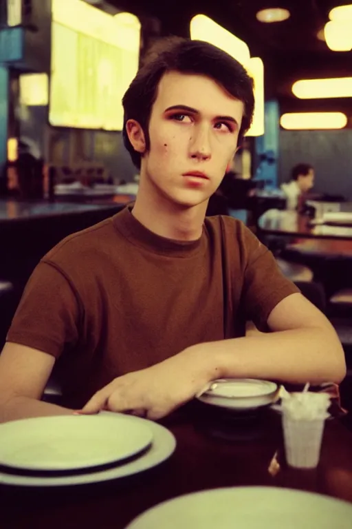 Image similar to an ultra high definition telephoto portrait cyberpunk 7 0 s diner film set photograph of a young man with short messy brown hair triangle head puffy cheeks narrow chin high cheek bones confused expression. wide angle close up. three point lighting. volumetric. refraction. imagined detail. soft focus ambient light sources. haze, light glare, art directed. filmic.