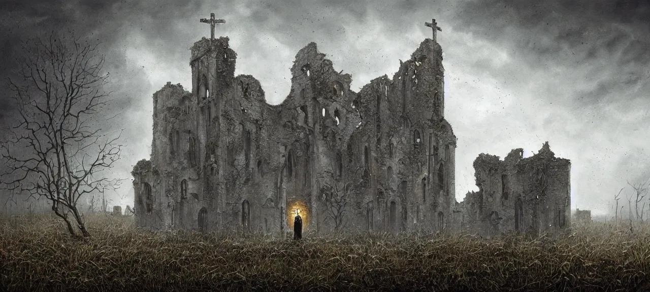 Prompt: Detail on scene, where terrified priest with tormented eyes is aiming the crucifix at grey ugly Alien, in a darkened room of a ruined castle, a dark, menacing atmosphere, horror,the essence of evil, in the style of Lee Madgwick