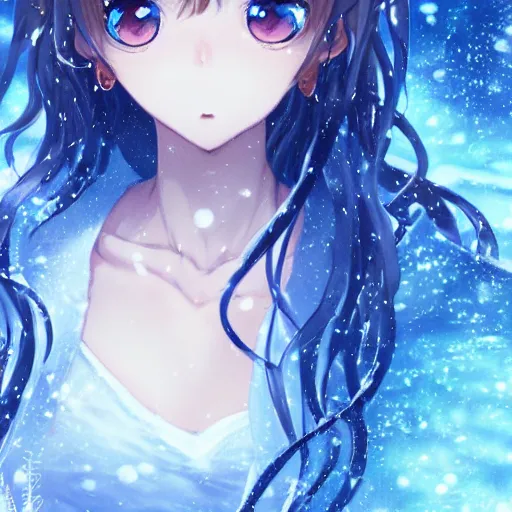 Prompt: a very beautiful anime girl, full body, long braided curly silver hair, sky blue eyes, full round face, short smile, casual clothes, snowing, icy lake setting, cinematic lightning, medium shot, mid-shot, highly detailed, trending on Artstation, Unreal Engine 4k, cinematic wallpaper by Stanley Artgerm Lau, WLOP, Rossdraws, James Jean, Andrei Riabovitchev, Marc Simonetti, and Sakimichan