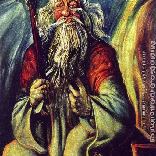 Prompt: a deliriously happy King Gandalf, portrait oil painting by Otto Dix, oil on canvas (1921)