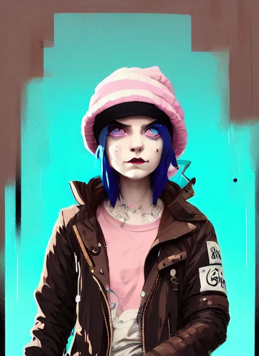 Prompt: highly detailed portrait of a sewer punk lady student, blue eyes, bubble jacket, hat, white hair by atey ghailan, by greg rutkowski, by greg tocchini, by james gilleard, by joe fenton, by kaethe butcher, gradient pink, black, brown and light blue color scheme, grunge aesthetic!!! ( ( graffiti tag wall background ) )