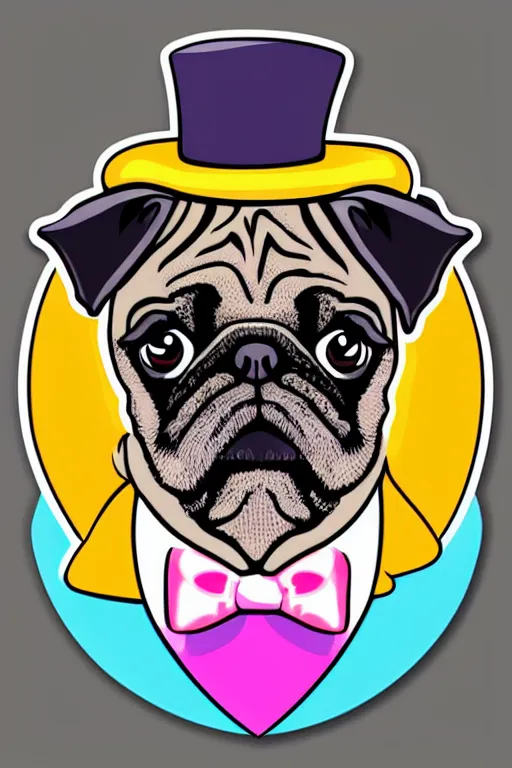 Image similar to A portrait of a pug wearing a top hat, sticker, colorful, illustration, highly detailed, smooth and clean vector curves, no jagged lines, vector art, smooth