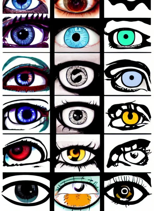 Image similar to diverse eyes!, dot pupils, vitals visualiser!!, advanced art, art styles mix, from wikipedia, grid of styles, various eye shapes