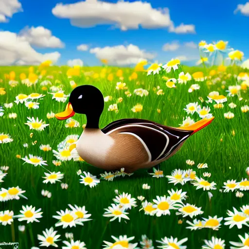 Prompt: a duck in a field of daisies on a bright sunny day, duck surrounded by daisies, with clouds in the sky, lots of little daisies in the field, spring, nature, beautiful, disney pixar style, super resolution, extremely detailed