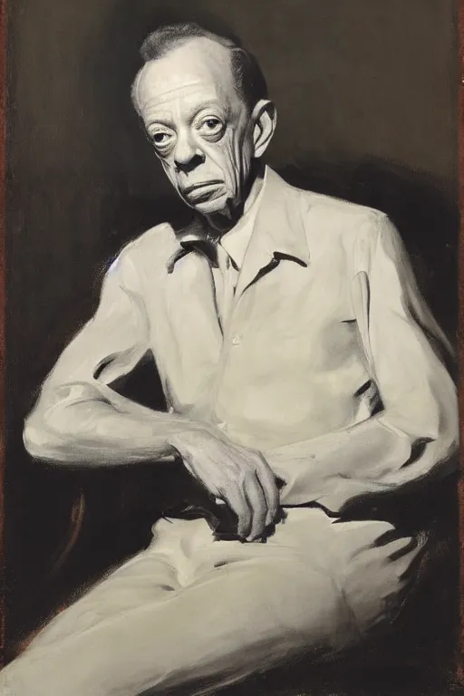 Image similar to portrait of don knotts sitting with full face full figure, in the style of expressionism, soft light, volumetric light, subsurface scattering, translucent skin, john singer sargent