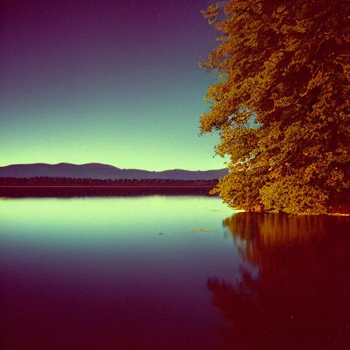 Image similar to photo, moonlit lake, 5 0 mm f / 1. 4, cinestill 8 0 0,