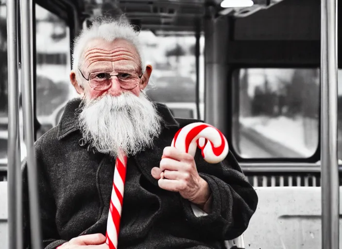 Prompt: an old man on a city bus holding a candy cane, portra 4 0 0 candid photograph portrait by brandon stanton, humans of new york, 3 5 mm shot, f / 3 2, hyperrealistic, cinematic lighting, hd wallpaper, 8 k, 4 k