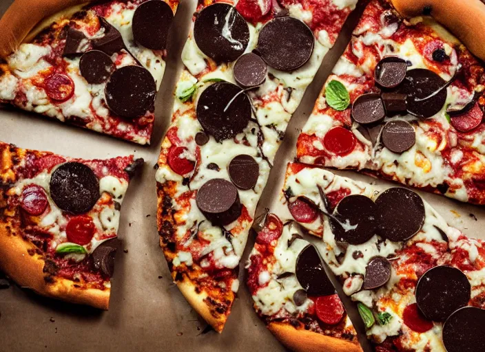 Prompt: mouthwatering New York pizza with pieces of chocolate on, food photography