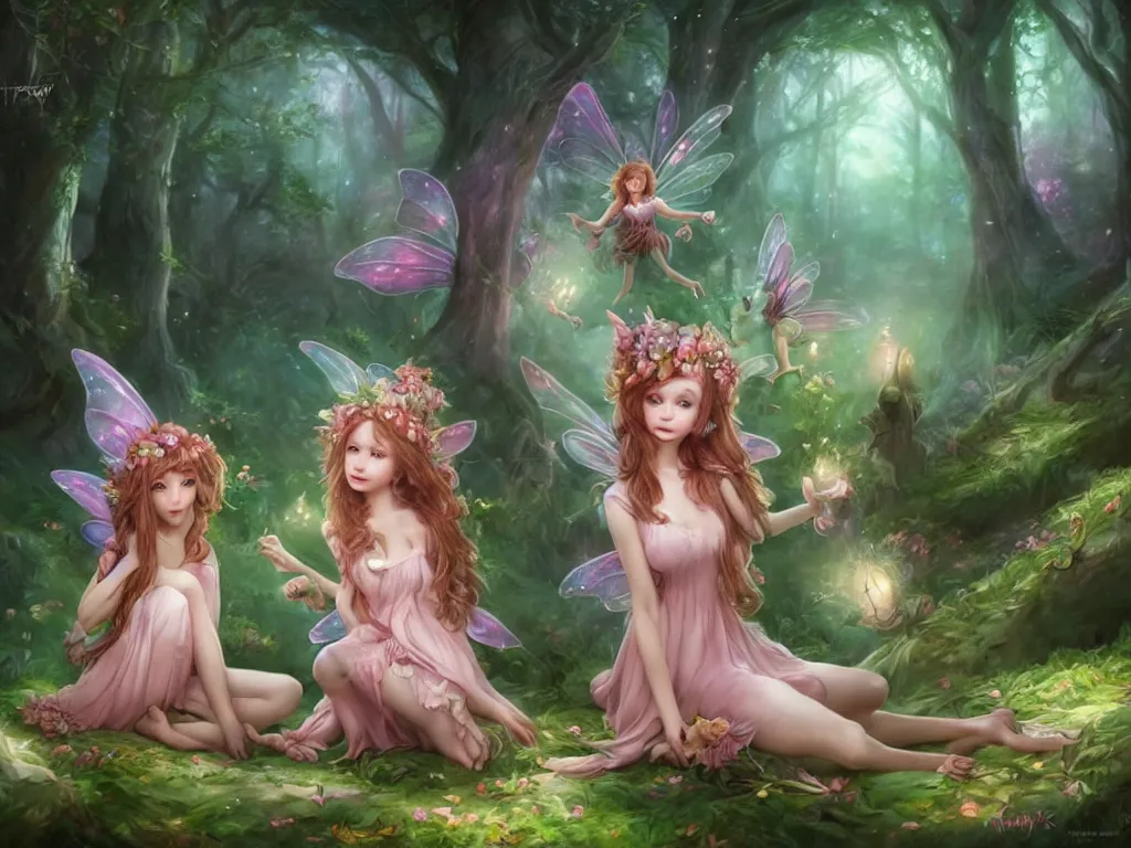 Image similar to two cute fairy in the dreamy forest, fantasy, dreamlike, 8 k resolution, hyper detailed, d & d, character design, digital painting, trending on artstation, sharp focus, illustration, art by artgerm, viktoria gavrilenko, hoang lap, fuji choko, steve zheng