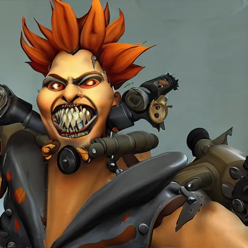 Image similar to junkrat from overwatch having a job interview