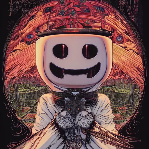 Prompt: portrait of crazy marshmello, symmetrical, by yoichi hatakenaka, masamune shirow, josan gonzales and dan mumford, ayami kojima, takato yamamoto, barclay shaw, karol bak, yukito kishiro