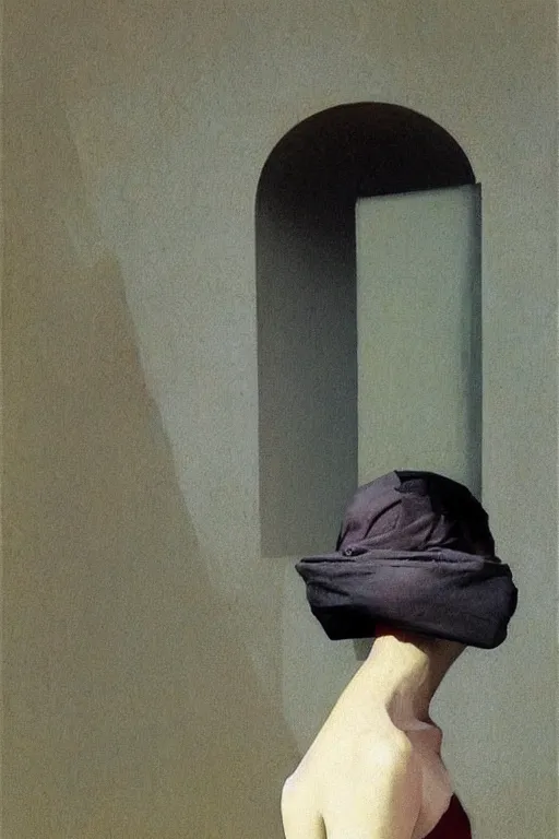Prompt: a woman wearing a bag through her head Edward Hopper and James Gilleard, Zdzislaw Beksinski highly detailed