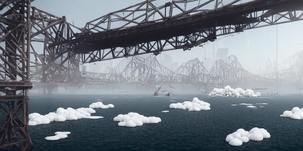 Image similar to explosions in the form of realistic white cotton plants on harbour bridge, huge white cotton everywhere on the destroyed harbour bridge, smooth, sharp focus, highly detailed, 3 d octane render, epic lighting, lots of white cotton, 8 k, by greg rutkowski