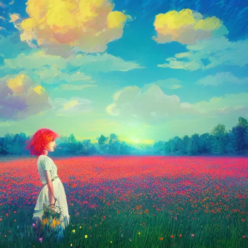 Image similar to girl with a full daisies head, surreal photography, flower field, sunset dramatic light, impressionist painting, colorful clouds, blue sky, digital painting, artstation, simon stalenhag