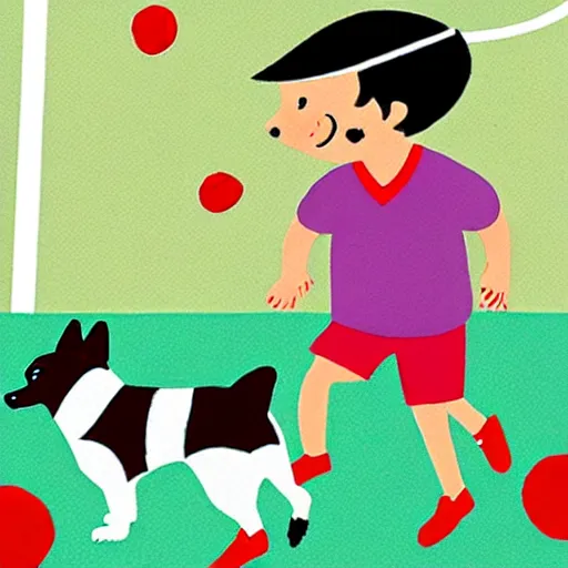 Image similar to illustration of boy playing football with a corgi wearing a polkadot scarf on the streets of paris