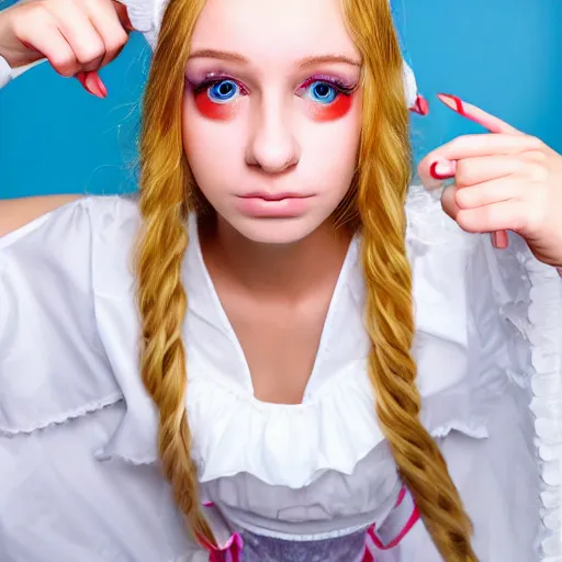 Image similar to portrait of a beautiful psychotic blonde 18 year old stoner wearing a full maid outfit staring intently at the viewer from up close to her face. ultra clear 16K and 8K HD image with amazing detail and shadowing.